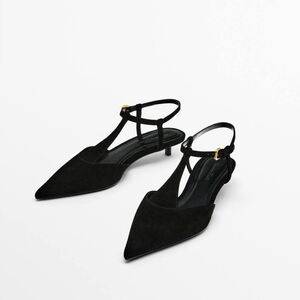 Massimo Dutti Black Suede Kitten Heel Slingbacks